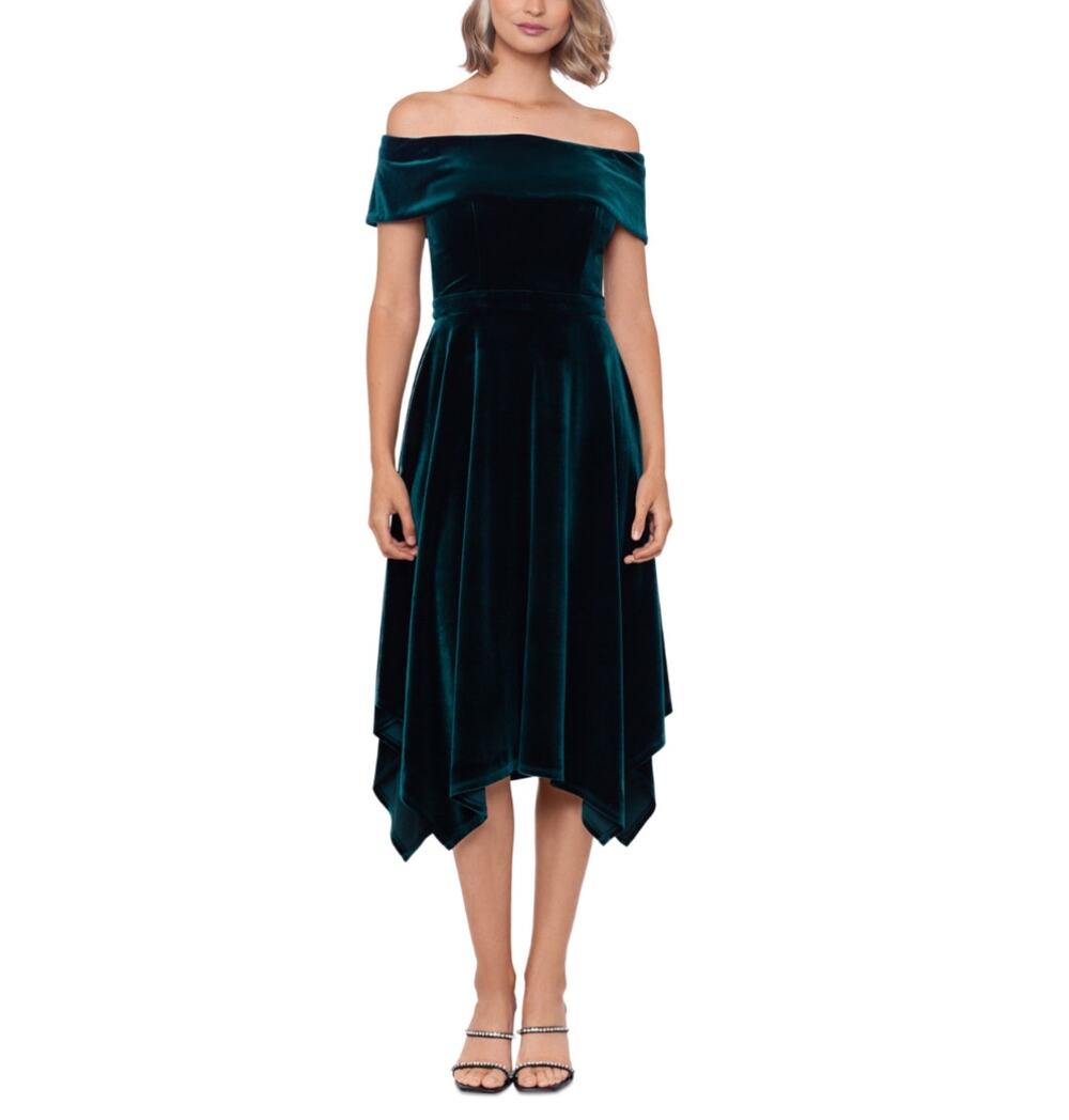 XSCAPE Green Cocktail Dress Velvet Off the Shoulder A-Line High Low Midi Size 6